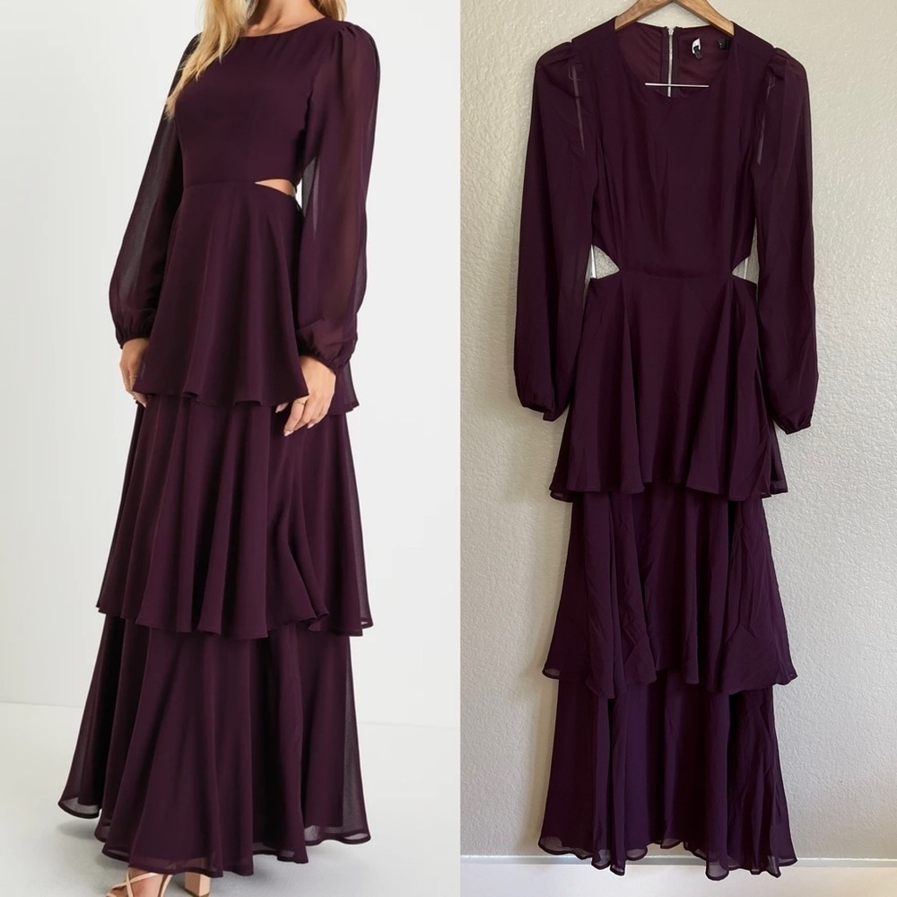 NWOT Garden Bliss Plum Purple Cutout Long Sleeve Tiered Maxi Dress